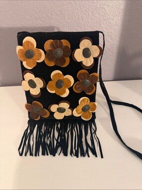 Black Floral Fringe Crossbody Bag with Brown and Cream Accents